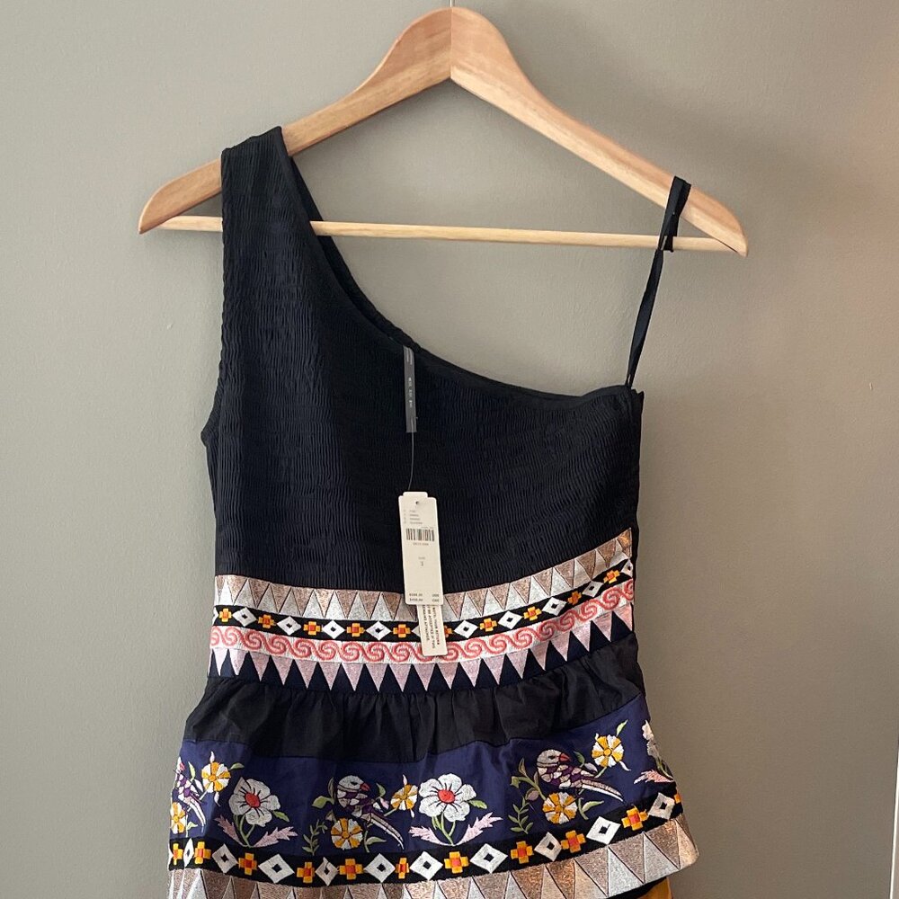 NWT Anthropologie One Shoulder Embroidered Midi Ruffle Dress Size 2 - Picture 3 of 5